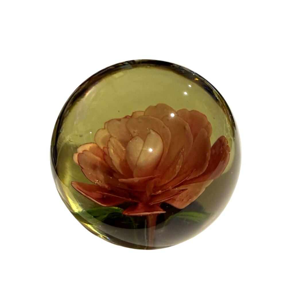 Artglass Pink Rose Smoky Glass Round Paperweight 11.5" x 5"